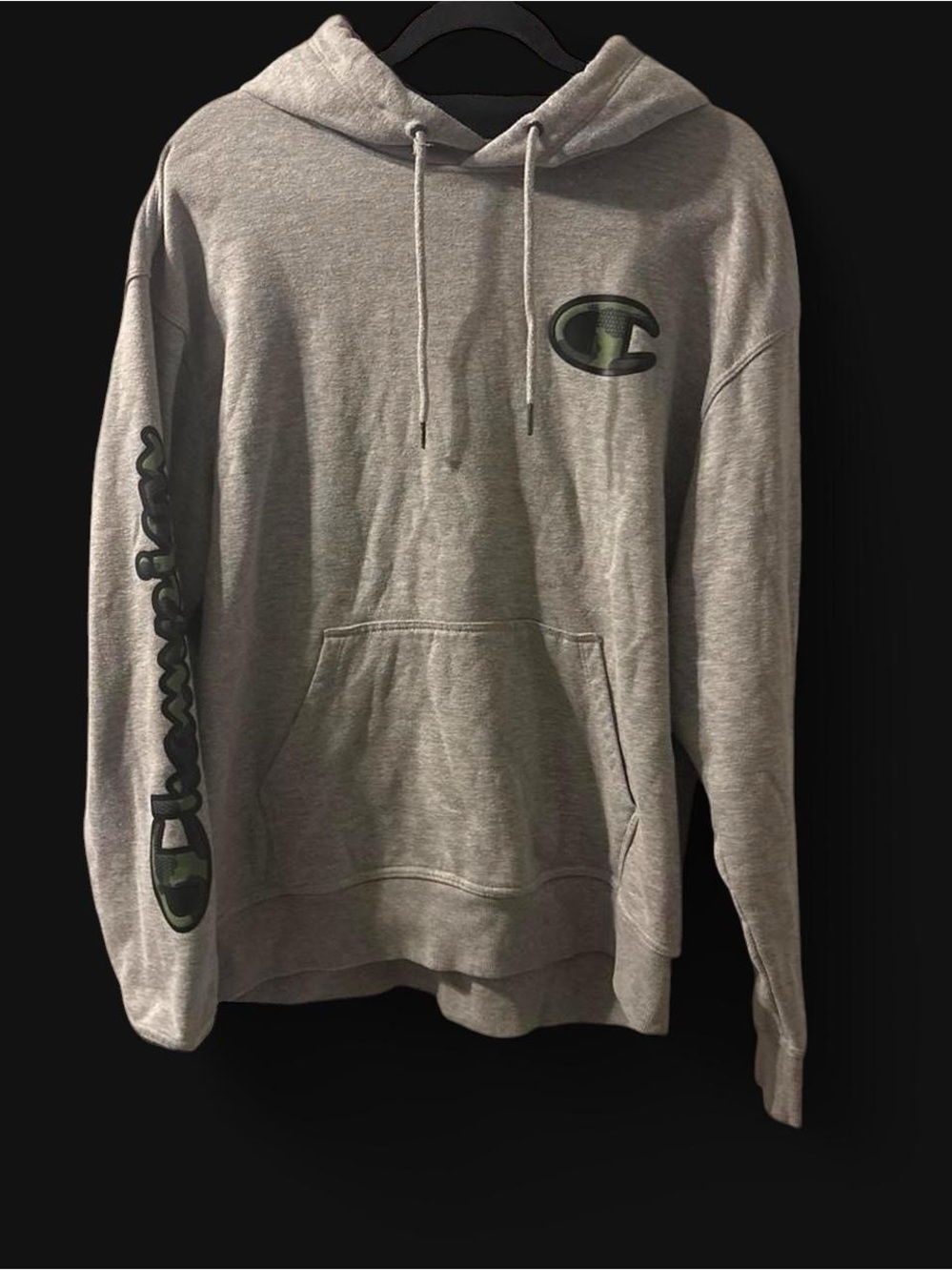 Champion Gray Hoodie with Green Logo Accents
